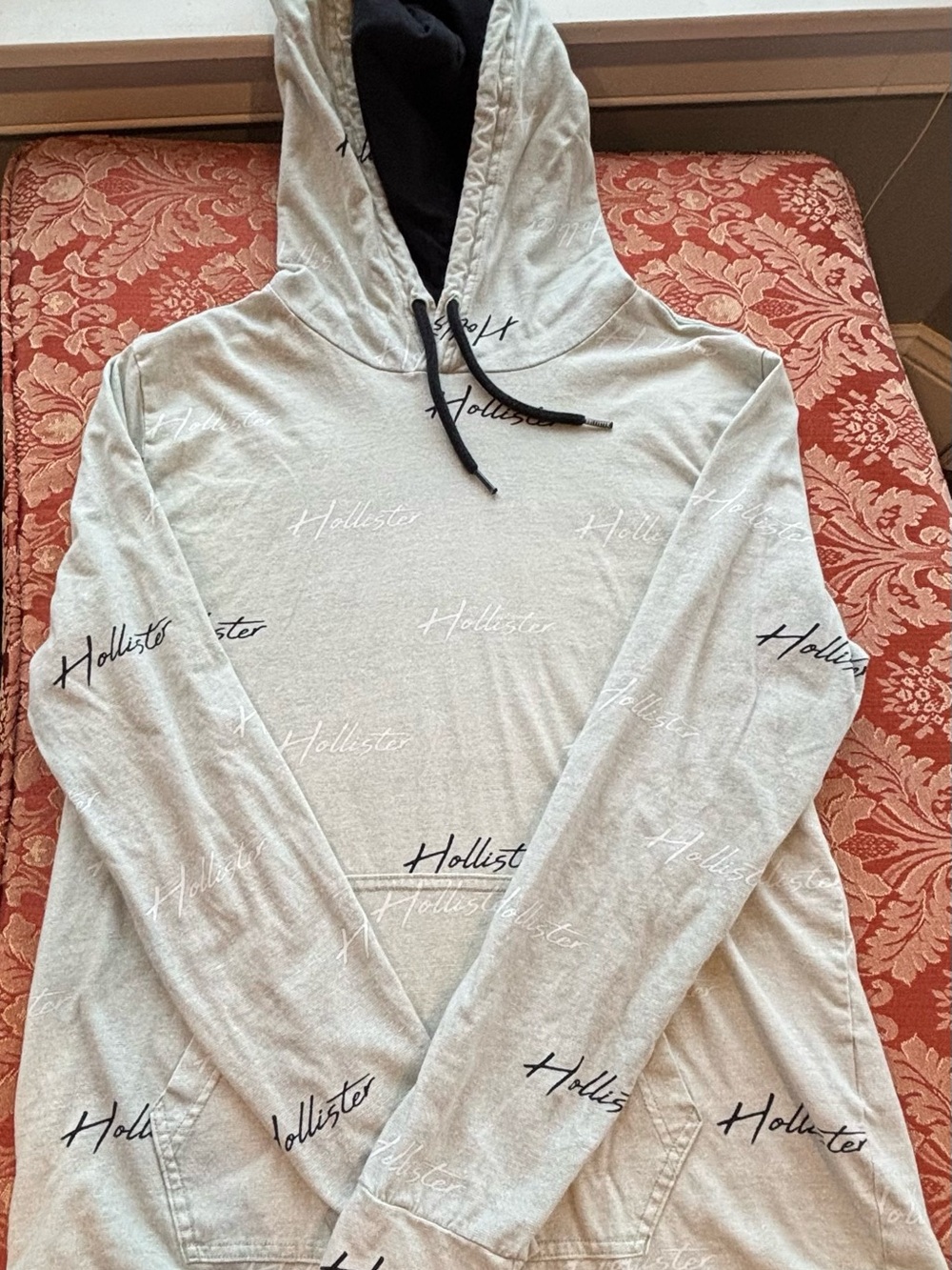 Hollister Light Gray Hoodie with Black Lined Hood & Script Logo